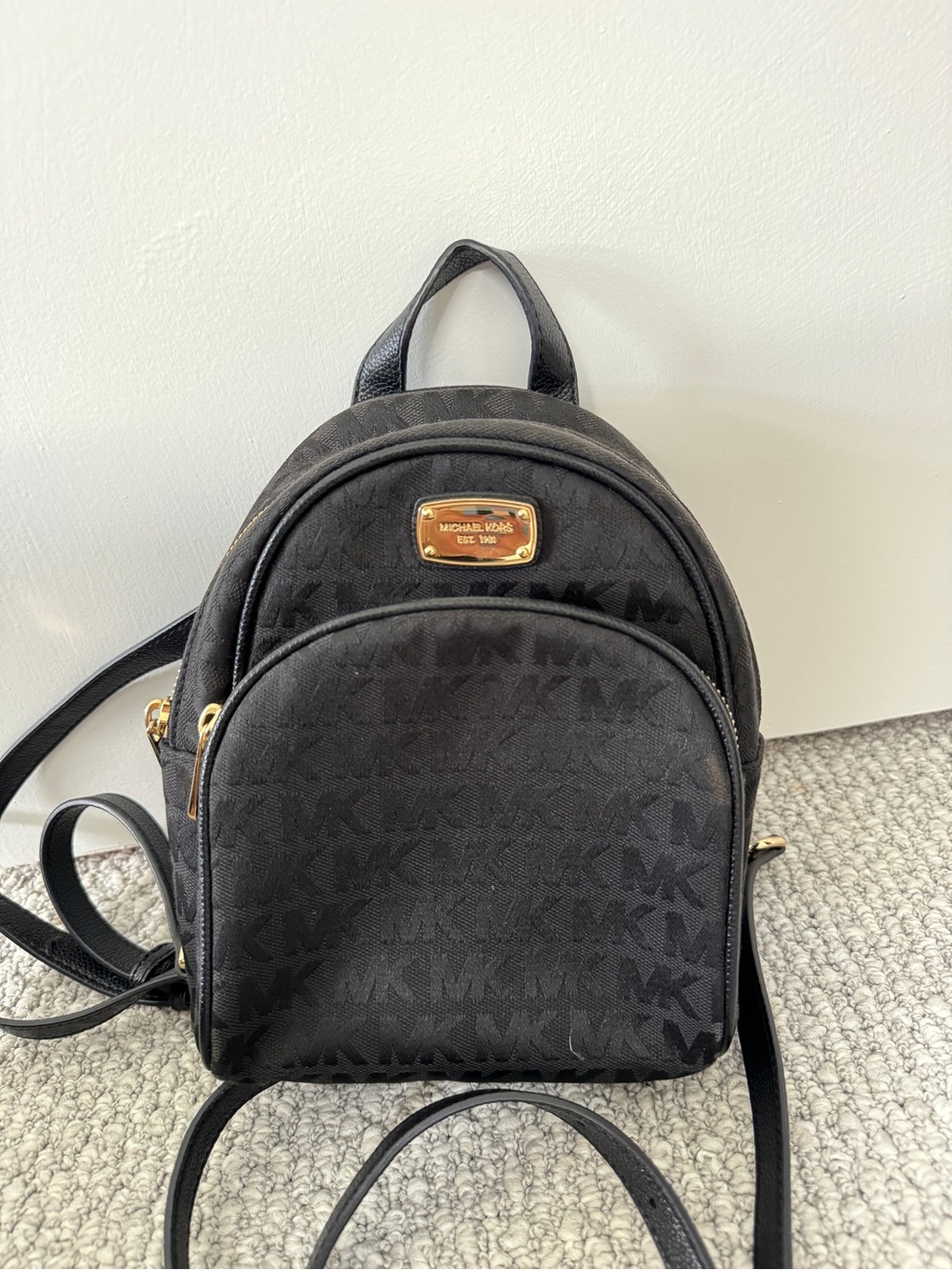 Michael Kors Black Mini Signature Backpack with Gold Plate